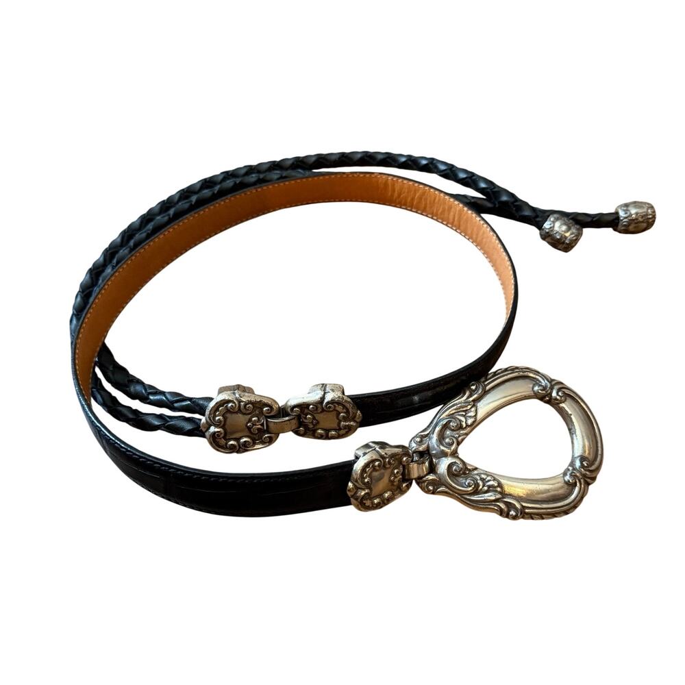 1990 Vintage Brighton Braided Leather Belt Lasso Rope Western Silver Buckle S/M